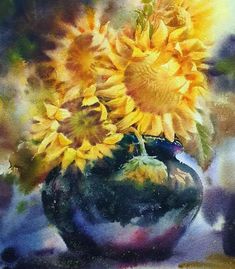 a painting of sunflowers in a vase