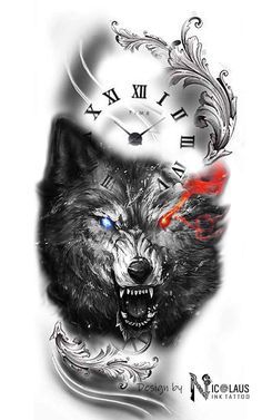 a wolf with blue eyes and a clock on his face is featured in this tattoo design