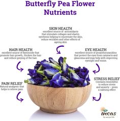 a wooden bowl filled with purple flowers on top of a white table next to information about the benefits of butterfly pea flower