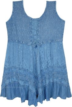 A cute yet classy sleeveless stonewashed short dress in a light denim blue shade with heavy embroidery and front lace.  There is beautiful lace work alongside the stylized panels and a tie at the back of the dress. #tlb #Sleeveless #Stonewash #Embroidered #Lace #vacationclothing #Floral #bohemianfashion #Sleeveless Rayon Dre #DenimDress #MedievalDress #RenaissanceDress #WesternDress Sleeveless Washed Mini Dress For Summer, Sleeveless Denim Mini Dress For Beach, Sleeveless Denim Mini Sundress, Blue Washed Sleeveless Dress, Bohemian Sleeveless Denim Dress, Blue Sleeveless Washed Dress, Blue Sleeveless Summer Fairy Dress, Blue Bohemian Sleeveless Mini Dress, Blue Bohemian Mini Dress Knee-length