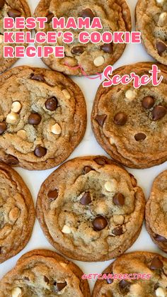 cookies with white chocolate chips are arranged on a plate and the words best mama kellege's cookie recipe