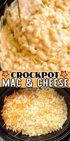 crockpot mac and cheese in a slow cooker with text overlay that reads crockpot mac and cheese