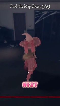 a girl in a pink dress is walking through a dark room with the caption find the map pieces 3 / 6