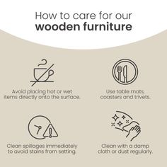 how to care for our wooden furniture info graphic on the right side of the image