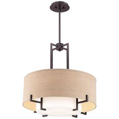 a light fixture with a beige shade on the bottom and two lights hanging from it