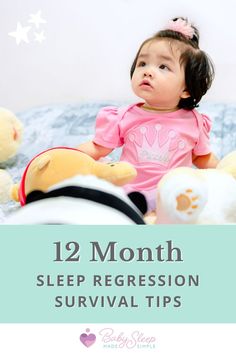 a baby sitting on top of a bed with stuffed animals