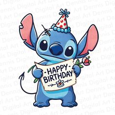 a cartoon character holding a sign that says happy birthday with an elephant on it's head