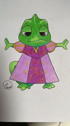 a drawing of a frog wearing a purple dress