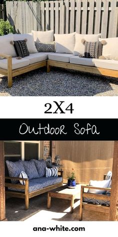 outdoor sofa made out of pallet wood with text overlay that reads, 2x4 outdoor sofa