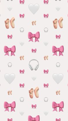 pink bows and hearts on a white wallpaper with heart shaped objects in the background