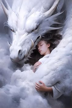 a woman is sleeping in the clouds next to a white dragon