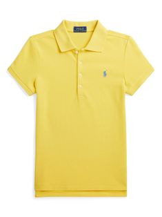 yellow/blue stretch-cotton signature Polo Pony motif polo collar front button placket short sleeves straight hem Polo Shirt Girl, Polo Ralph Lauren Kids, Dress With Jean Jacket, Baby Boy Accessories, Polo Pony, Gucci Kids, Burberry Kids, Dolce And Gabbana Kids, Ralph Lauren Kids