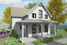 this is an artist's rendering of the front elevation of a farmhouse style home