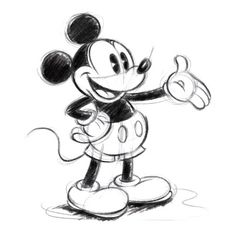 a drawing of mickey mouse with his hand up to the side and one eye open