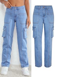 Women's Cargo Denim Pant Straight Leg Loose Stretch Pocket Cargo Jeans Women's Spring Outfits, Autumn Fall Outfits, Casual Festival, Outdoor Home, Long Jeans, Spring Outfits Women, Women Cargos, Outfits Winter, Cargo Jeans