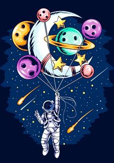 an astronaut floating in the sky with planets and stars around him, on a dark background