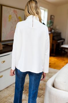 Edie Top - Ivory Ponte - Emerson Fry Mock Neck Top For Work, White Turtleneck Tops For Work, White Stretch High Neck Turtleneck, White Long Sleeve Turtleneck For Work, White Mock Neck Top For Fall, White Mock Neck Top For Fall Layering, Versatile Turtleneck With Funnel Neck For Work, Versatile Funnel Neck Turtleneck For Work, Chic White Stretch Turtleneck