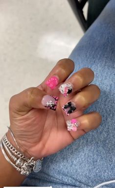 Matching Nails With Cousin, Shorties Acrylic Nails Designs, Light Pink Nails With Charms, Nails Short Charms, Duck Nails Acrylic Short, Nails W Rhinestones, Pink Junk Nails, Short Birthday Nails