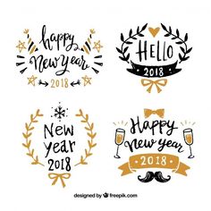 four happy new year badges in gold and black with bows, laurels, bow tie