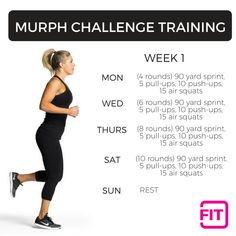 a woman is running with the words murph challenge training on her chest and back