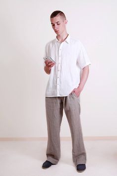 Linen White Men's Shirt  Short Sleeves / Casual Style Men's Shirt/  Flax Men's Shirt/  Men's shirt L White Short Sleeve Shirt With Button Cuffs, Casual White Short Sleeve Shirt With Buttons, Casual White Linen Short Sleeve Shirt, White Summer Shirt With Button Cuffs, White Casual Shirt With Placket, Classic White Short Sleeve Shirt With Buttons, White Shirt For Men, Linen White Shirt, Casual Men Shirt