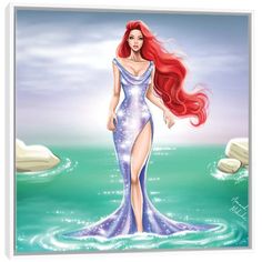 the little mermaid is standing in the water with her long red hair flowing through it