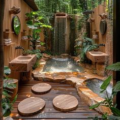 an outdoor shower with waterfall and wooden benches