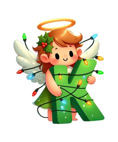 an angel holding a christmas tree with lights on it's wings and the number four