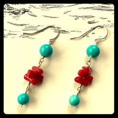 Nwt Turquoise & Red Coral Silver Drop Earrings. Authentic Blue Turquoise Beads And Red Branch Coral Drop/Dangle Earrings. Solid Sterling Silver 92.5 Wire And Hooks. Length Is 2”. Handmade In Seattle, Washington. Vibrant Red Earrings For Gift, Vibrant Red Dangle Earrings, Vibrant Red Dangle Jewelry, Wire Jewelry Ideas, Jewelry Making Tutorials, Drop Dangle Earrings, Silver Drop Earrings, Seattle Washington, Red Coral