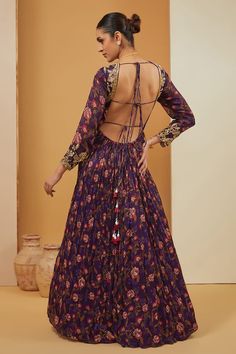 Purple pleated flare anarkali with all over floral prints, highlighted with embroidered bodice. Comes along with a dupatta with printed border. - Aza Fashions Anarkali With Dupatta, Embroidered Bodice, Fashion App, Anarkali, Aza Fashion, Full Sleeve, Bodice, Floral Prints, V Neck