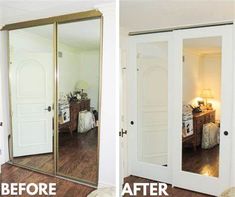 before and after photos of an interior closet door with mirrored doors on both sides, the room is clean and ready to be used