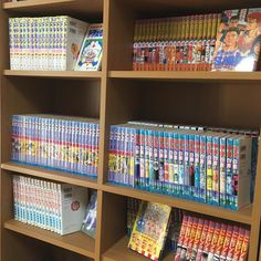 the shelves are filled with various children's books and dvds, including one for each child