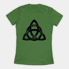 a green t - shirt with the triquet symbol on it