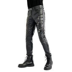 SPECIFICATIONS Style: Moto & Biker Applicable Scene: Daily Fabric Type: Broadcloth Pant Style: pencil pants Material: Faux Leather Applicable Season: Four Seasons Closure Type: zipper fly Front Style: Flat Fit Type: SKINNY Gender: MEN Decoration: Pockets Thickness: midweight Waist Type: high Length: full length Waist Size(in inches): 28 - 36 Item Type: full length Moto Style Pants For Biker Events In Fall, Punk Style Leather Pants For Winter Streetwear, Fitted Leather Pants For Biker Events In Winter, Winter Faux Leather Bottoms With Zipper Closure, Biker Style Pants For Streetwear In Fall, Fitted Moto Leather Pants For Fall, Biker Style Bottoms For Fall Events, Edgy Pants For Biker Events In Fall, Fall Biker Style Bottoms For Biker Events