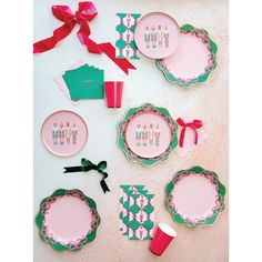 pink and green plates with bows on them