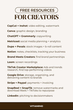 FREE Apps + Resources for Content Creators, brown tredny aesthetic, list of platfroms that are free for UGC creators Content Creation Process, Content Creator For Beginners, Content Creator Organization, Free Content Creation Tools, Become A Ugc Creator, Content Creator Ideas For Beginners, How To Become Content Creator, Beginner Content Creator Tips, Content Creator Apps