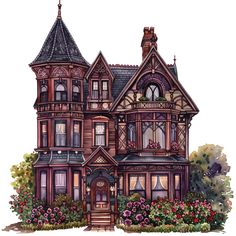 a drawing of a victorian style house with many windows