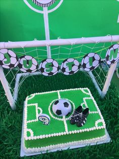 a soccer themed cake is sitting in the grass near a goalie's net