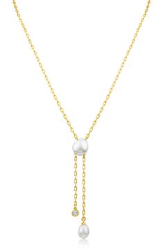 Lustrous natural pearls and a sparkling CZ stone adorn a Y-drop necklace for elegant style. 18" length + 3" extender Adjustable clasp 10.5-11mm pearls Brass, cubic zirconia, natural pearls Imported Classic Lariat Pearl Necklace With Adjustable Chain, Classic Pearl Chain Lariat Necklace For Formal Occasions, Classic Formal Lariat Necklace With Pearl Drop, Formal Pearl Lariat Necklace, White Drop Necklace With Clavicle Chain For Formal Occasions, White Clavicle Chain Drop Necklace For Formal Occasions, Formal Adjustable Lariat Necklace With Pearl Drop, Classic Formal Lariat Necklace With Pearl Pendant, White Lariat Necklace With Adjustable Chain For Formal Occasions