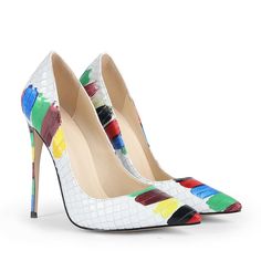 Modern Multicolor High Heels, Colorful Pointed Toe Heels For Party, Multicolor Pointed Toe Heels For Party, Multicolor Round Toe Heels With Sculpted Heel, Multicolor Heels With Sculpted Heel For Party, Multicolor Pointed Toe Heels With Wrapped Heel, Elegant Multicolor Closed Toe Heels, Elegant Multicolor 4-inch Heels, Elegant Fitted Multicolor Heels