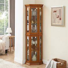 a tall wooden cabinet with glass doors in a living room next to a white rug