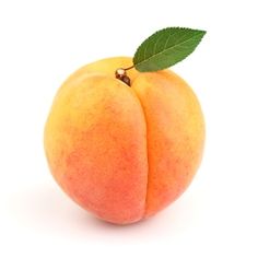 two peaches with green leaves on white background