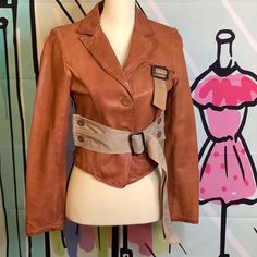 Collection Privee ? Leather Jacket , Lamb Leather , Button Closure, , Belt Is Cotton And Back Opening Is Cotton Bust 30.5 Inc Waist 26.25”, Shoulder 14.75inc Length 20” Sleeve 27” Cognac Color Spring Double-breasted Leather Jacket With Buttons, Vintage Fitted Button-up Leather Jacket, Designer Spring Leather Jacket With Button Closure, Cognac Color, Chic Leather, Leather Jackets, Women Collection, Cognac, Jackets & Coats