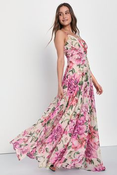 The perfect romantic look does exist and we can't wait to wear the Lulus Seasons of Love Blush Pink Floral Print Surplice Maxi Dress to every special occasion this season! This effortlessly elegant dress is composed of lightweight woven chiffon, with a bold pink, purple, and green floral print throughout, that shapes adjustable spaghetti straps that support a lightly gathered bodice and a surplice neckline. A high, fitted waist tops an overlapping, A-line skirt that falls to a floor-sweeping max Pink Wedding Guest Dresses, Garden Wedding Dress Guest, Seasons Of Love, Floral Dress Wedding Guest, Pink Floral Print Dress, Tropical Maxi Dress, Floral Bridesmaid Dresses, Spring Wedding Guest Dress, Gathered Bodice