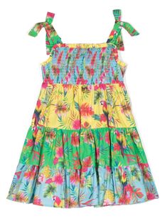 multicolour cotton all-over Tropical print silver-tone logo plaque ruffled trim tie-fastening straps smocked panel rear zip fastening tiered skirt straight hem cotton lining Multicolor Vacation Dresses With Ruffled Straps, Multicolor Dresses With Ruffled Straps For Vacation, Multicolor Dress With Tie And Ruffled Straps, Tropical Multicolor Ruffled Dress, Multicolor Tropical Cotton Dress, Tropical Cotton Printed Dress, Tropical Multicolor Cotton Dresses, Tropical Printed Cotton Dresses, Casual Multicolor Dresses With Ruffled Straps