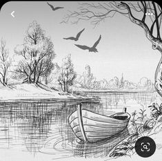 a pencil drawing of a boat in the water with birds flying around it and trees