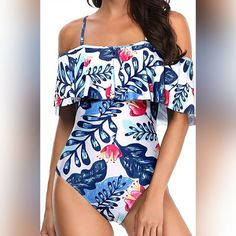 About This Itemoff-Shoulder Swimsuit: This Swimsuit Comes With Adjustable And Removable Straps And Padded Bras For Shaping And Providing Good Support. You Can Wear It In Two Ways, Depending On The Occasion.Ruffle Swimsuit: This White Blue Leaves Off-Shoulder One Piece Swimsuit With Ruffle Style Is Perfect For Hawaii, Your Honeymoon, A Beach Holiday, Or Vacation. It Will Make You Look Fantastic And Generous.Flounce Bathing Suit: The Tempt Me Plus-Size Bathing Suit With Flounce Fabulously Shows White Off-shoulder Swimwear For Spring, White Off-shoulder Swimwear For Beachwear, White Fitted Off-shoulder Swimwear, Fitted Off-shoulder White Swimwear, White Off-shoulder Fitted Swimwear, Trendy Bathing Suits, Swimsuit Vintage, One Piece Swimsuit White, Backless One Piece Swimsuit