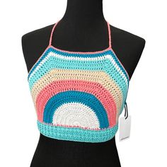 New With Tags Olivaceous Crochet Rainbow Halter Top In Pastel Shades. One Size Fits Most. Ties Behind Neck And Back. Stretchy. Condition: New With Tags Multicolor Crochet Halter Top For Summer, Festival Crochet Blue Crop Top, Blue Crochet Crop Top For Festival, Trendy Multicolor Crochet Beach Top, Crochet Multicolor Halter Top For Beach, Multicolor Crochet Halter Top For Beach, Blue Crochet Halter Top For Spring, Blue Crochet Top For Spring Festival, Blue Crochet Lace Crop Top For Beach