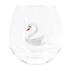 a wine glass with a white swan on the front and red beak in the middle