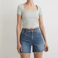 Cropped And Fitted, This Square-Neck Tee Pairs Perfectly With High-Waisted Jeans Or Shorts. Crafted With A Supertouchable Ribbed Texture That Holds You In (And Feels Nice Against The Skin). New With Tags. Fitted. Crop Length: Designed To Hit Low On The Ribcage And Show A Hint Of Skin. Body Length From High Point Of Shoulder: 17" (Based On Size M). Cotton/Elastane. Stock Photo Credit: Madewell.Com Everyday Relaxed Fit Short Tops, Everyday Relaxed Fit Short Length Tops, Casual Tops With Relaxed Fit And Short Length, Casual Short Length Tops With Relaxed Fit, Casual Relaxed Fit Short Top, Fitted Short Length Tops For Everyday, Basic Short Length Tops For Summer, Basic Stretch Tops Short Length, Fitted Casual Crop Top